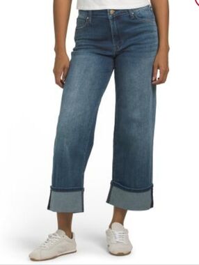 Kut from the Kloth High-Rise Wide Leg Jeans in Medium Blue with Roll Cuffs